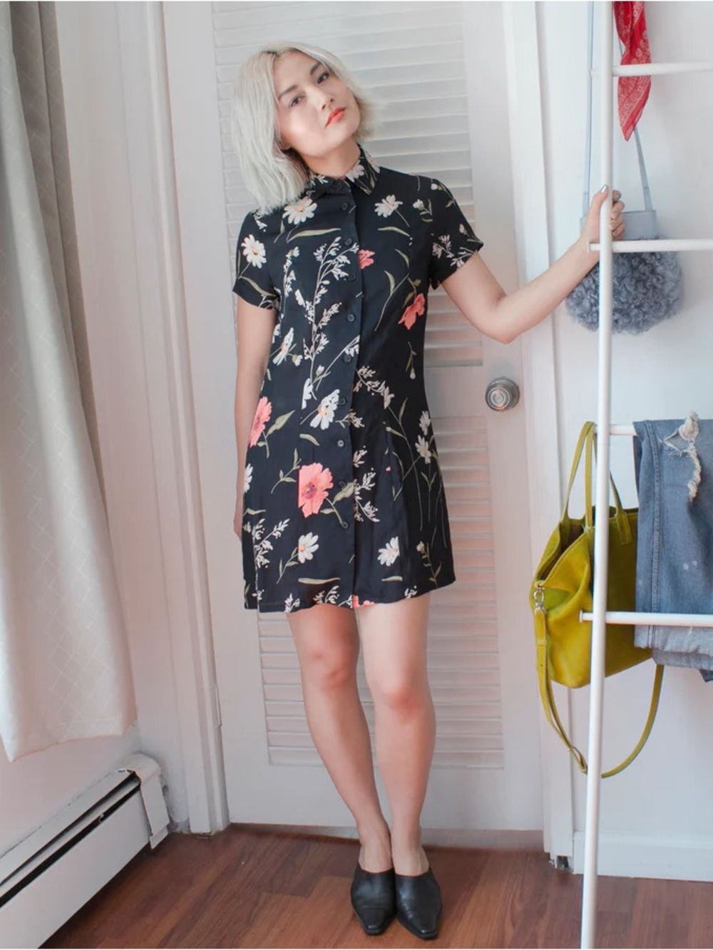 Reformation Black Floral Button-Front Short Sleeve Dress - Picture 1 of 6